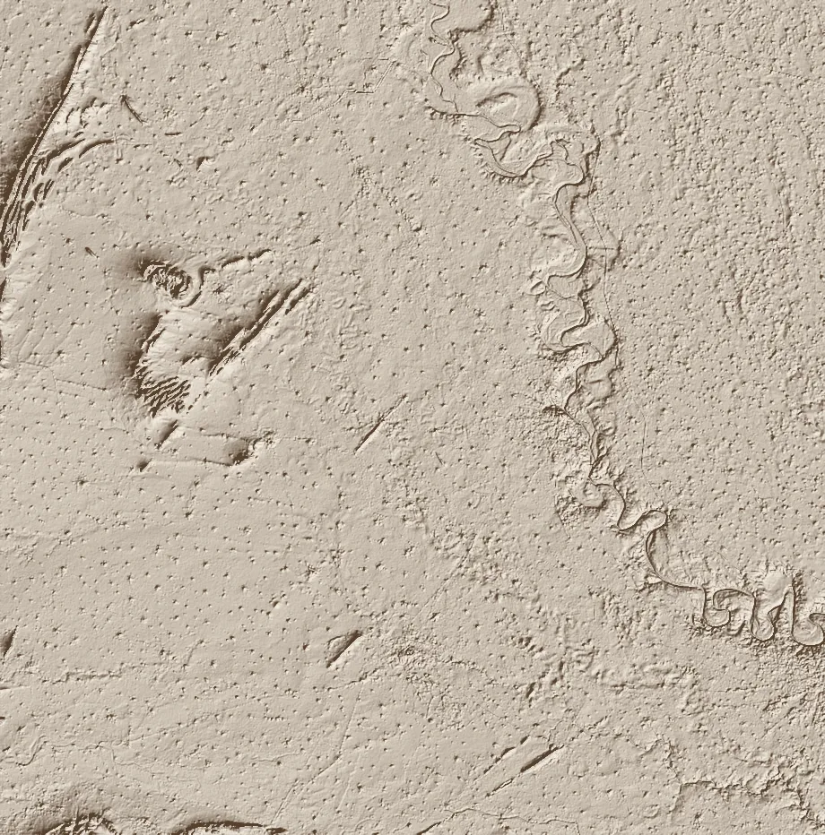 A hillshade of Barsana generated from the Copernicus DEM — the Barsana hill and the parikramā ridges, shaded by a north-west sun
